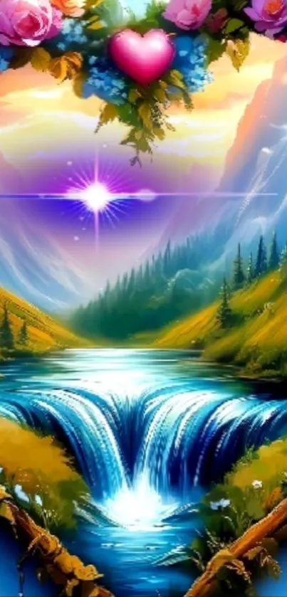 Vibrant heart-shaped landscape with waterfall and flowers.