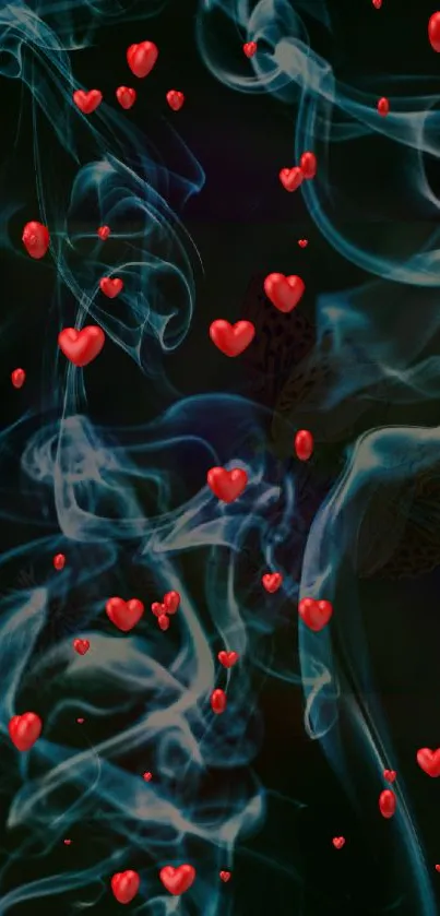 Red hearts floating in blue smoke on dark background.