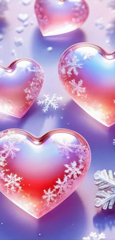 Mobile wallpaper with hearts and snowflakes in a pink-purple gradient.