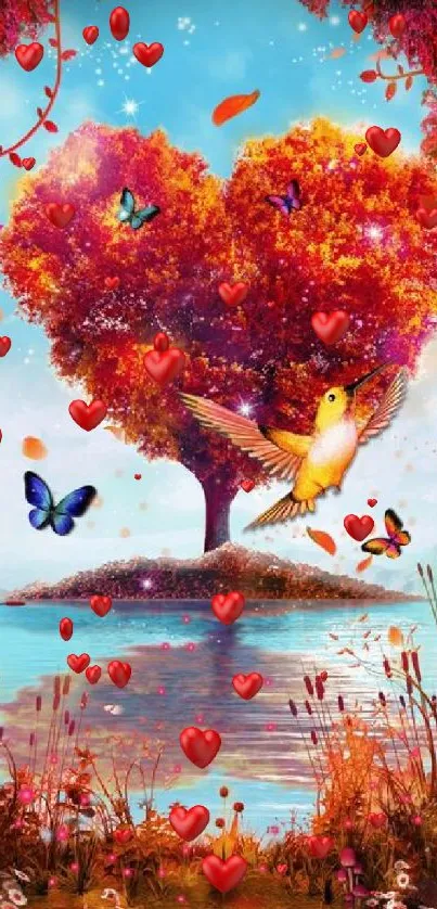 Heart-shaped tree with butterflies and lake in a colorful fantasy setting.