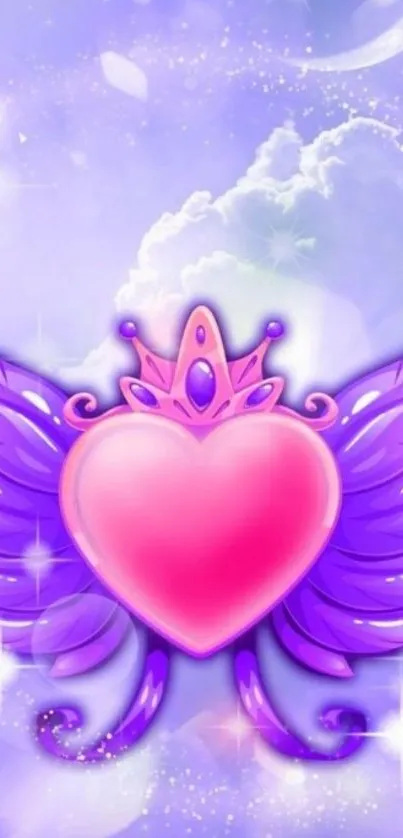 Pink heart with purple wings on a celestial background.