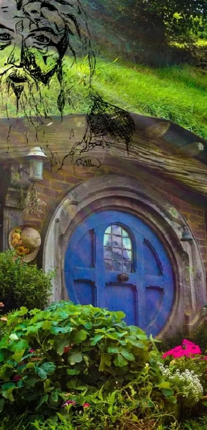 Hobbit home in vibrant greenery with colorful flora and blue door.