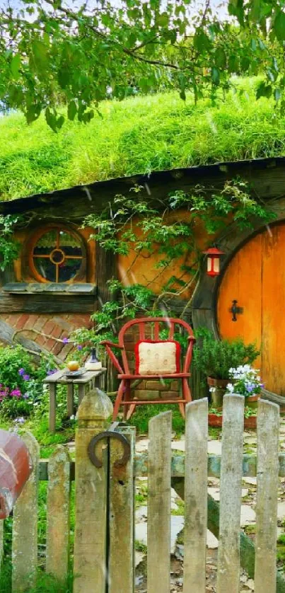 Beautiful hobbit house with lush greenery and a cozy atmosphere.