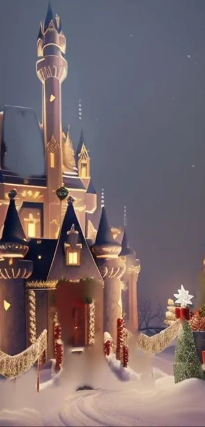 Magical winter castle with festive lights and snow.