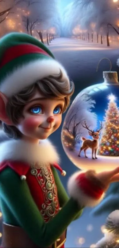 Illustrative festive wallpaper with elf and Christmas ornament in snowy scene.