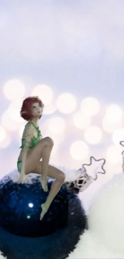 Fairy sitting on holiday ornaments in a winter-themed setting.