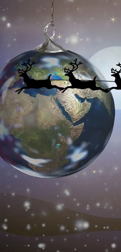 Holiday-themed wallpaper with reindeer and glowing globe at night.