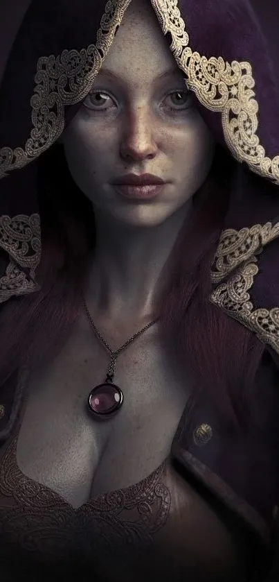 Mystical hooded woman with embroidery design in dark tones.