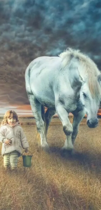 A child and horse in a tranquil field under a dramatic sky, perfect for mobile wallpaper.