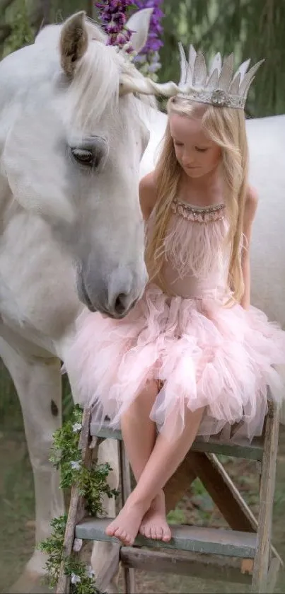 Girl with white horse in fantasy setting wearing soft pink dress.