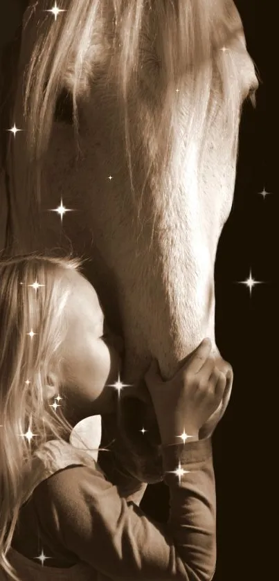 Sepia-toned image of a girl embracing a horse with sparkling stars.