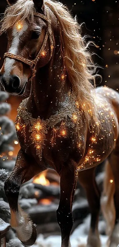 Majestic horse in a snowy forest with glowing lights.