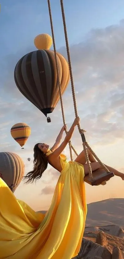 Woman swings amidst hot air balloons at sunrise.