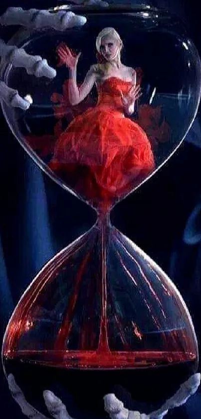 Woman in red dress within an hourglass, surrounded by a mysterious blue aura.