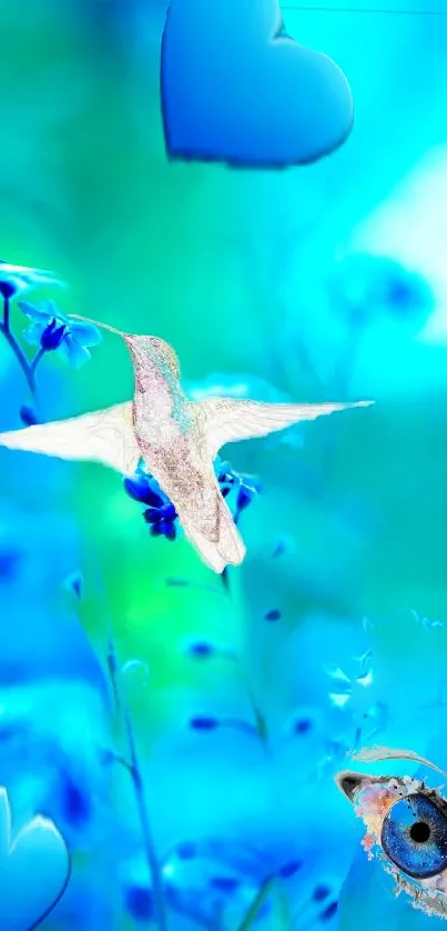 Hummingbird and blue heart on serene wallpaper.