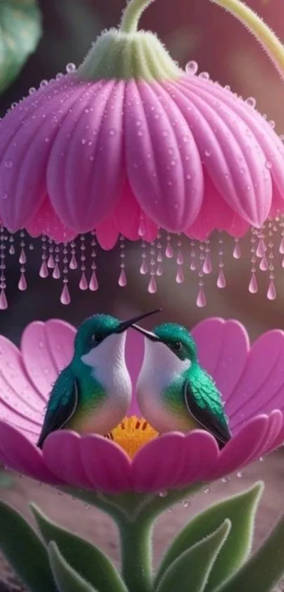 Fantasy wallpaper with hummingbirds beneath pink petals.