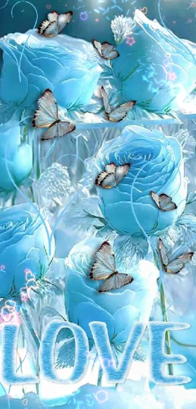 Ice blue roses with butterflies in a frozen design, spelling 'LOVE'.