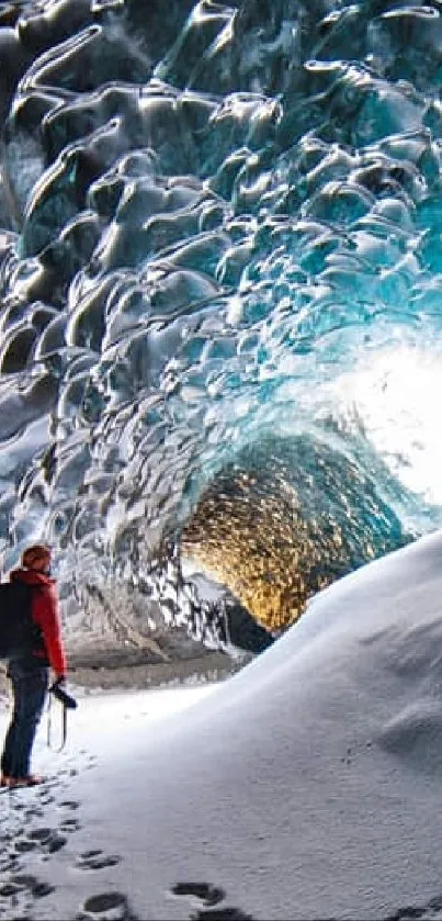 Icelandic ice cave with glistening icy blue tones and a lone explorer.