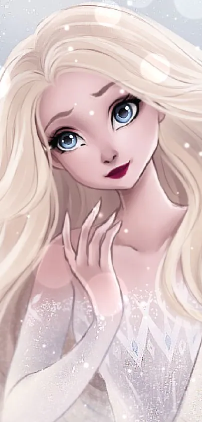 Beautiful ice princess with flowing blond hair and a snowy background.