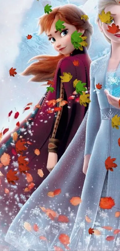 Magical ice princesses and falling leaves wallpaper.