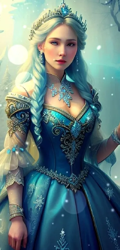 Elegant ice queen in a winter fantasy setting with blue dress and intricate details.