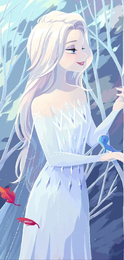 Illustration of ice queen with magical elements in light blue hues.