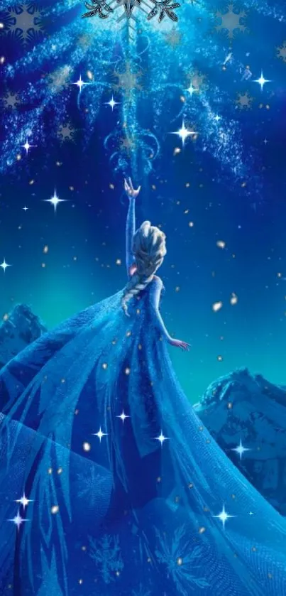 Ice queen reaching towards stars in a magical blue night scene.