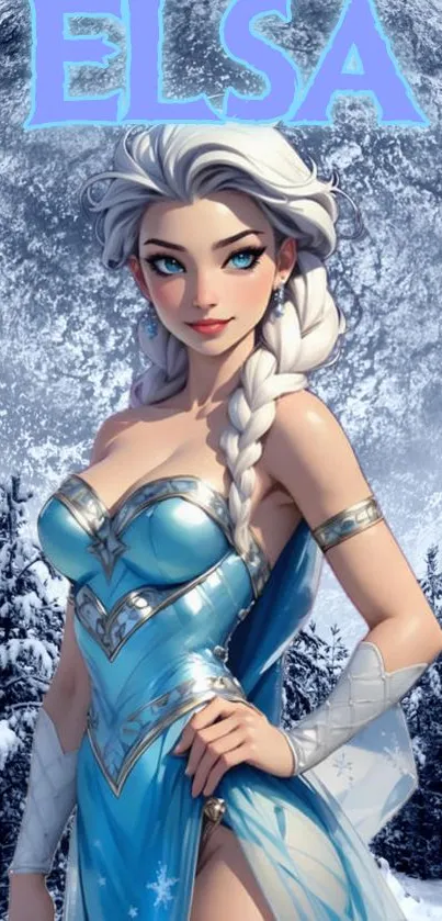 Enchanting ice queen with blue dress in snowy winter scene.