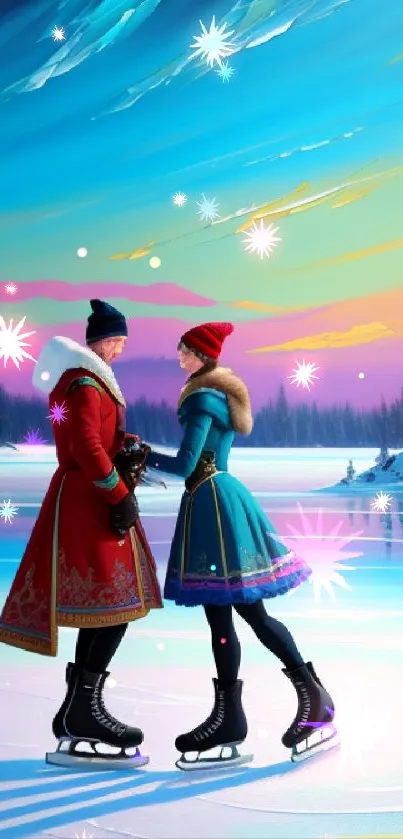 Enchanting couple ice skating in a colorful winter wonderland.