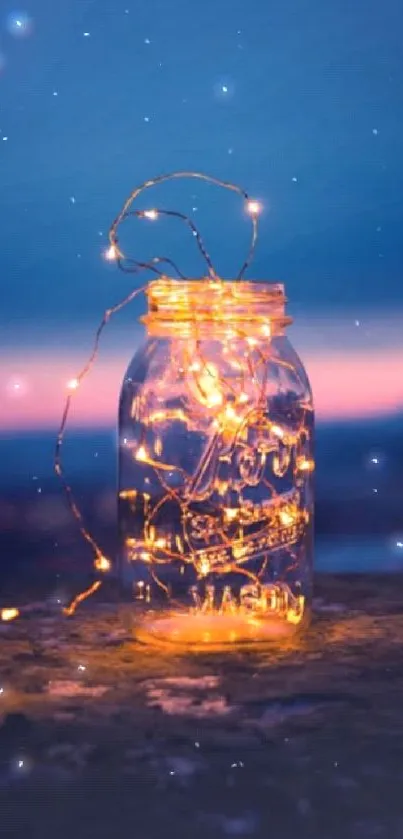 Glowing jar of lights against a dreamy twilight sky in this mobile wallpaper.