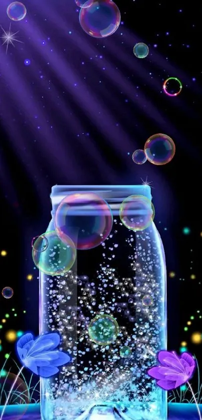 Glowing jar with flowers under a starry night sky wallpaper.