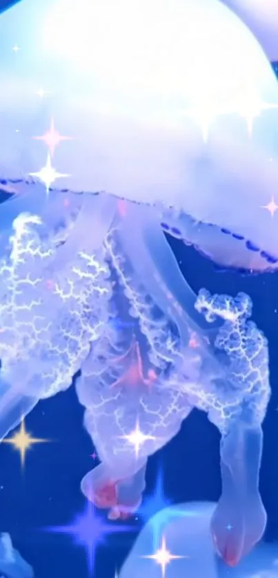 Beautiful glowing jellyfish against a blue background with sparkles.