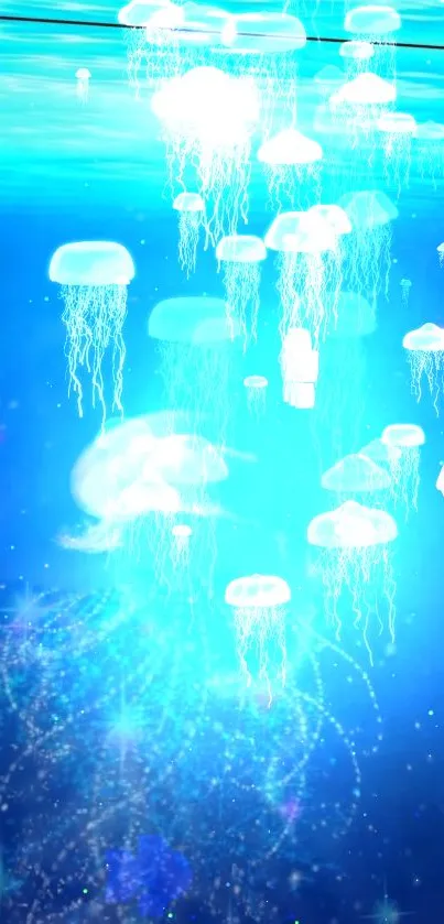 Luminous jellyfish floating in a serene, glowing oceanic setting wallpaper.