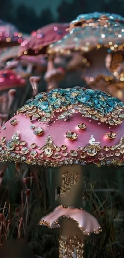 Glittering fanciful mushrooms in a magical forest setting.