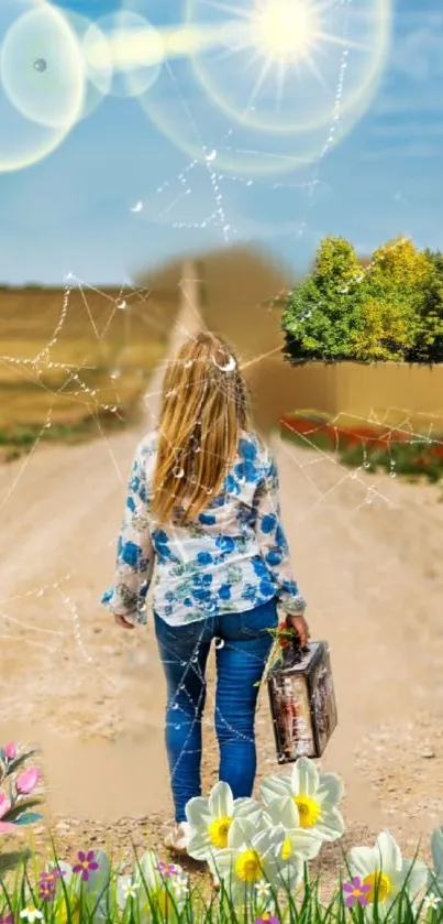 Woman walking on a country path surrounded by flowers and a bright sunny sky.