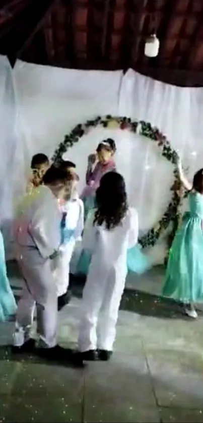 Children in colorful costumes dancing at a festive party.