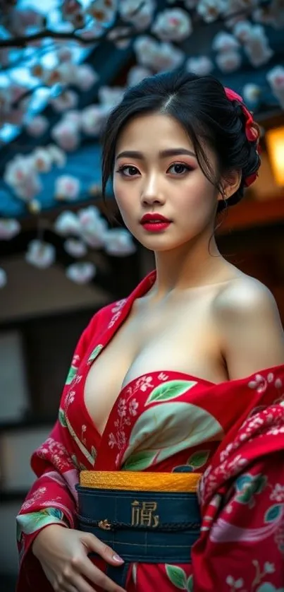 Elegant woman in a red kimono amidst cherry blossoms.