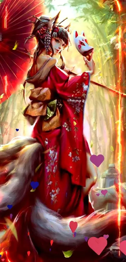 Kitsune in a lush forest holding a red parasol with mystical surroundings.