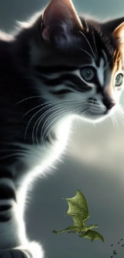 Kitten stares at tiny dragon in moonlit fantasy scene.