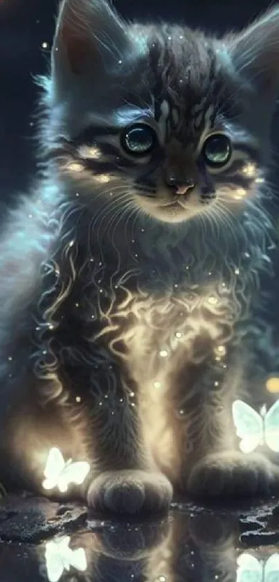 A cute kitten surrounded by glowing butterflies in a fantasy setting.