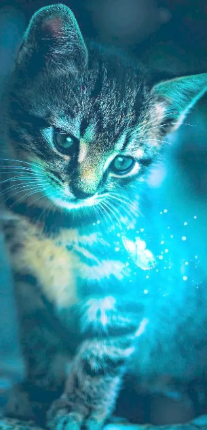 Charming kitten in blue glowing light, creating a serene and magical atmosphere.