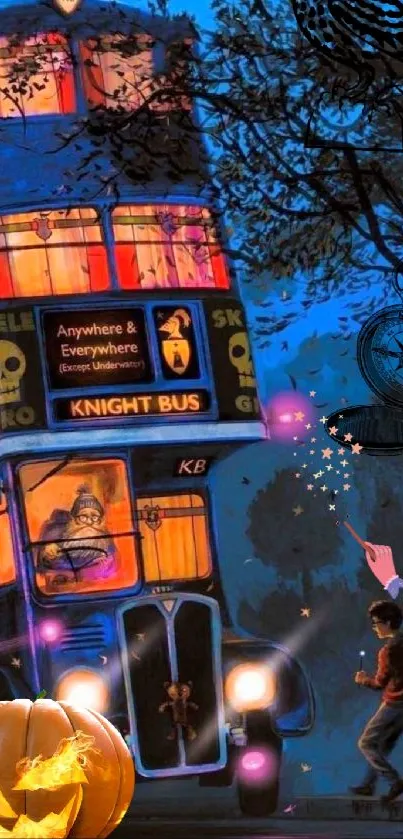 A magical bus with a night-time fantasy theme and Halloween elements.