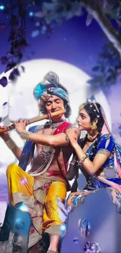 Krishna and Radha under a moonlit sky, with Krishna playing a flute.