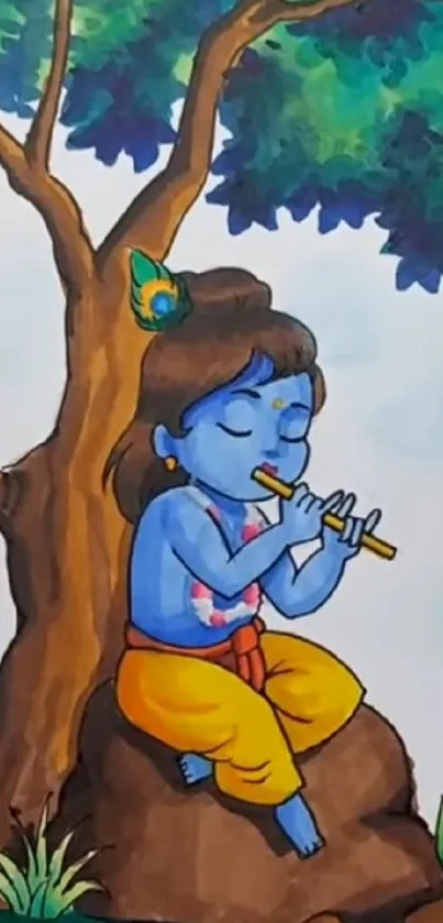 Vibrant artwork of Lord Krishna playing the flute under a tree.