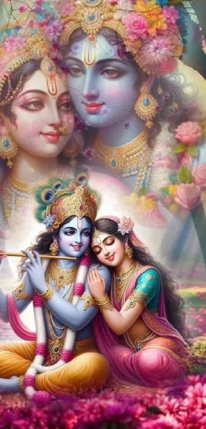 Krishna and Radha in vibrant artistic setting with pink hues.