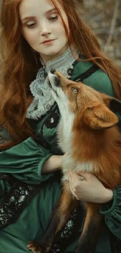 Enchanting lady in green dress holding a fox in a natural setting.