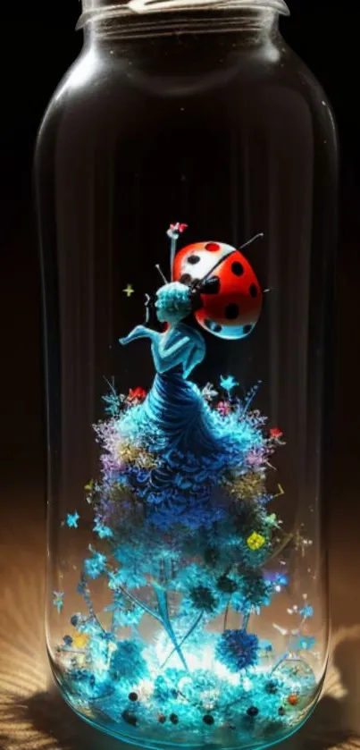 Fantasy art with ladybug on glowing flower inside a glass jar.