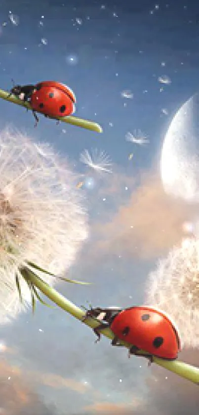 Whimsical ladybugs fly with dandelions in a dreamy night sky.