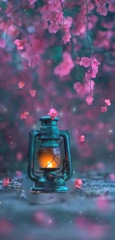 Dreamy lantern beneath pink flowers.