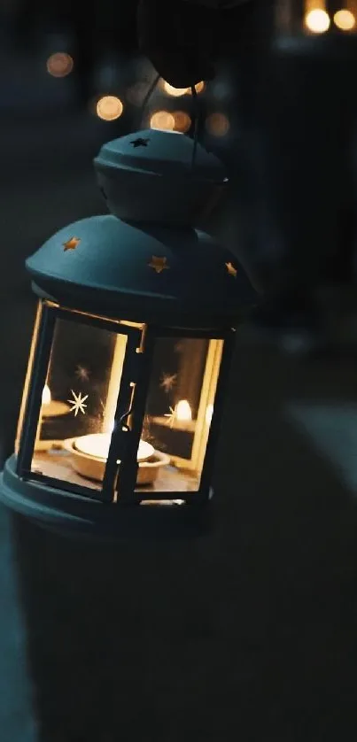 A lantern glowing softly in the night, casting a warm candlelight.